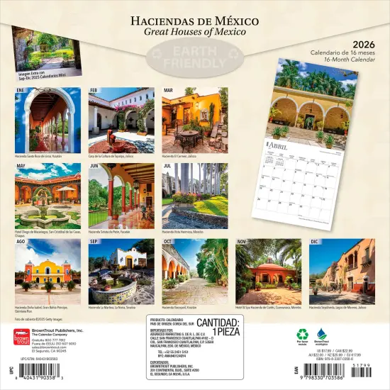 Haciendas de Mexico | Great Houses of Mexico | 2026 12 x 24 Inch (Hanging) Monthly Square Wall Calendar | English/Spanish Bilingual | Plastic-Free {2}