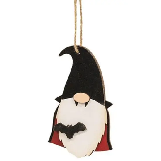 Halloween Wooden Vampire Gnome Ornament with Dimensional Bat and Natural Jute Rope Hanger {1}