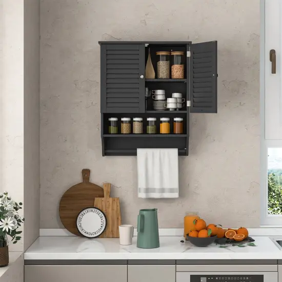 Wall-Mounted Bathroom Medicine Cabinet with Louver Doors and Towel Bar Black {3}