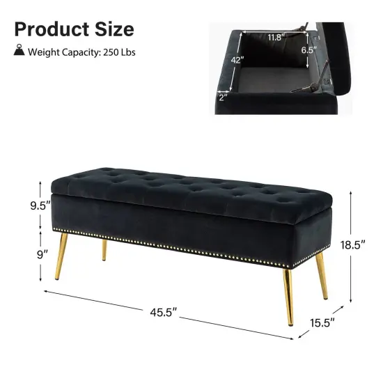 Upholstered Velvet Storage Bench with Tufted Seat and Gold Metal Legs Black {6}