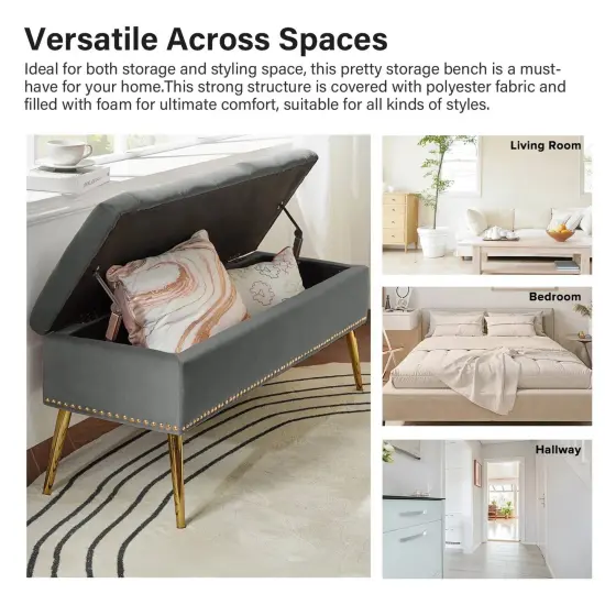 Upholstered Velvet Storage Bench with Tufted Seat and Gold Metal Legs Grey {4}