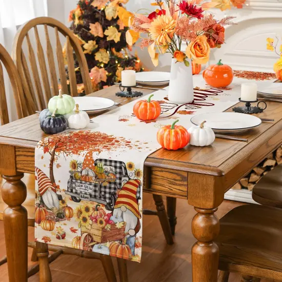 Fall Table Runner, Watercolour Gnome Harvest Truck Pumpkins Runner,13x72 Inch {4}