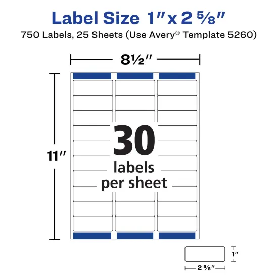 Avery Easy Peel Printable Address Labels with Sure Feed, 1" x 2-5/8", White, 750 Blank Mailing Labels for Laser Printers (5260) - 5 Pack {6}