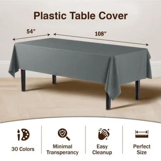 Exquisite 12-Pack Premium Plastic Tablecloth 54in. x 108in. Rectangle Plastic Table Cover Silver {6}