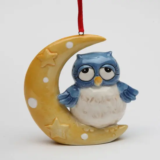 Ceramic Owl On The Moon Ornament, Home D&eacute;cor, Gift for Her, Gift for Mom, Christmas Tree D&eacute;cor, Birdwatcher Gift {2}
