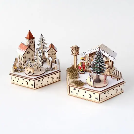 Bavarian Christmas Village - Bavarian Wooden Music Box w/Lights (Set of 2) {1}
