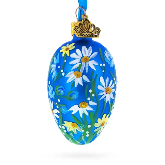 Cobalt Blue with White Daisy Floral Mini Glass Egg Ornament 2.9 Inches {1}