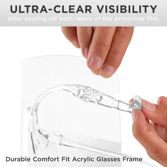 Safety Face Shields with All Clear Glasses Frames (10 Pack) - Ultra Clear Protective Full Face Shields Protect Eyes Nose Mouth - Anti-Fog PET Plastic {5}
