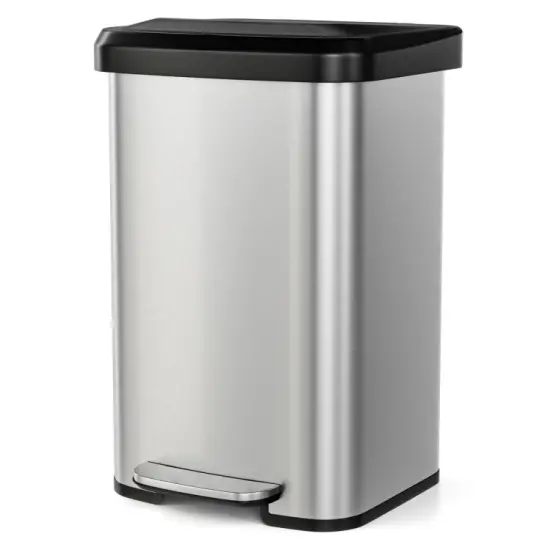 Silver Stainless Steel 13-Gallon Step Trash Can with Soft-Close Lid and Built-In Deodorizer {1}