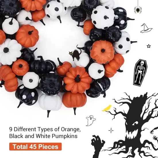 18 Inch Black Orange White Artificial Pumpkin Wreath {3}
