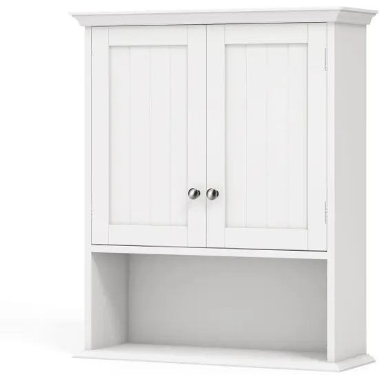 White Wall Mounted Bathroom Cabinet with Louver Doors Adjustable Shelf and Built In Towel Bar {4}