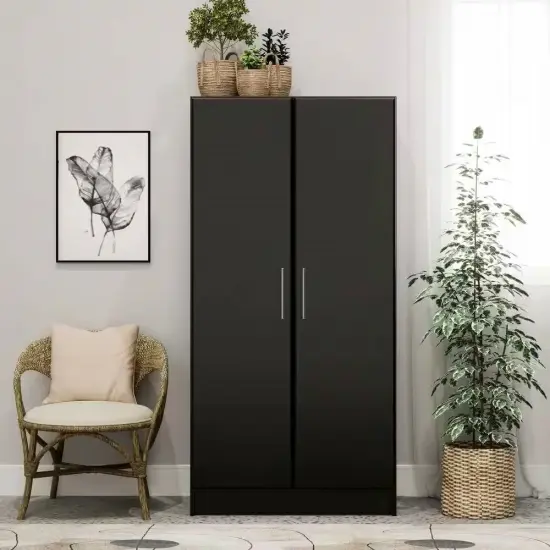 65" Freestanding Black Wardrobe Closet Organizer with Hanging Rail and Shelf for Bedroom {4}