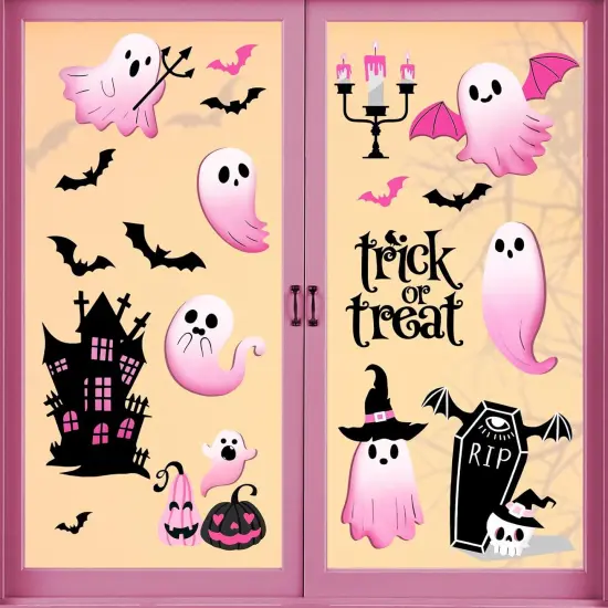 Halloween Spooky Pink Ghost Window Clings 4 Sheets {1}