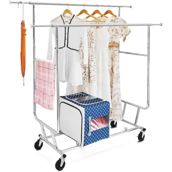 Heavy Duty Double Bar Clothes Hanging Garment Rack on Lockable Wheels {6}