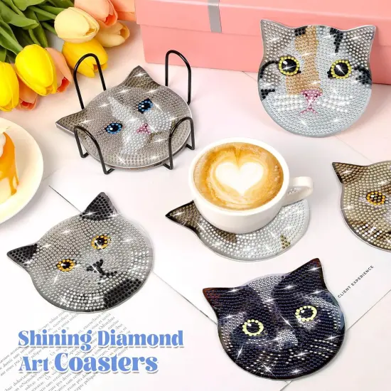 8 Pieces Diamond Painting Coasters Kit with Holder(Cat Style) {5}