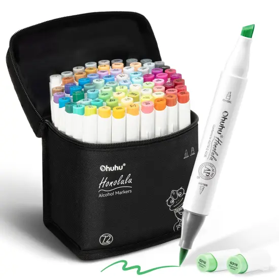 Ohuhu Alcohol Markers Brush Tip - Double Tipped Art Marker Set for Artist Illustration - 72 Colors - Brush & Chisel/ Brush & Fine Dual Tips - Honolulu/ Honolulu B - Refillable {1}