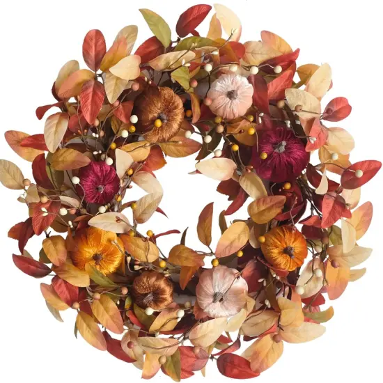 24 Inch Fall Velvet Pumpkin Wreath with Berries for Front Door {1}