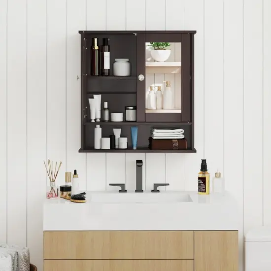 Wall Cabinet with Double Mirror Doors Adjustable Shelf Storage for Bathroom and Bedroom Brown {5}