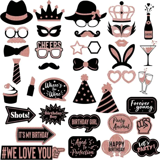 36 Pcs Gold Birthday Photo Booth Props, Large Gold Birthday Party Photobooth Props with Glitter for Woman Parties Supplies(Black, Rose Gold) {4}
