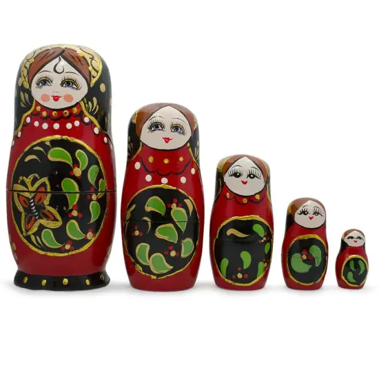 Set of 5 Red & Black Wooden Nesting Dolls Matryoshka 6.5 Inches {1}