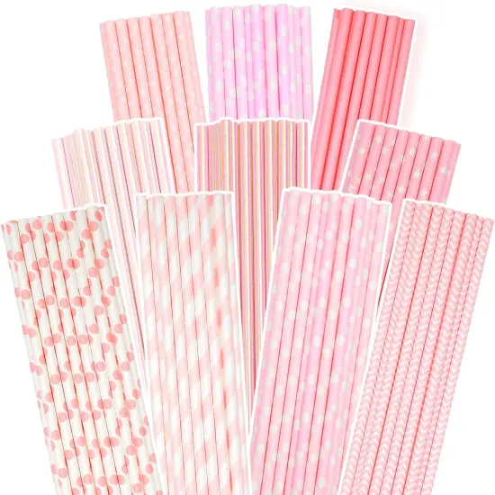 Pink Paper Straws 150pcs Disposable Straws Bulk (10 Pattern) {1}