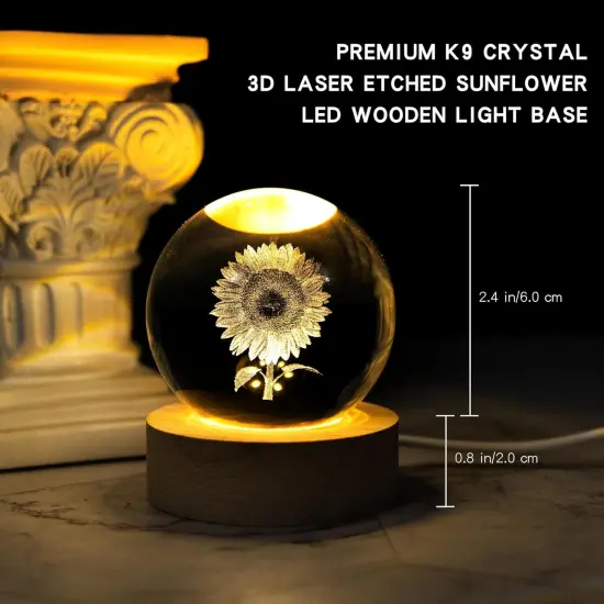 "Summer Tabletop Decor: 3D Laser Etched Sunflower Crystal Ball with Stand &ndash; 60mm Glass Sphere Lamp, Night Light, Sunflower Figurine, Glass Paperweight for Bright Seasonal Displays" {2}