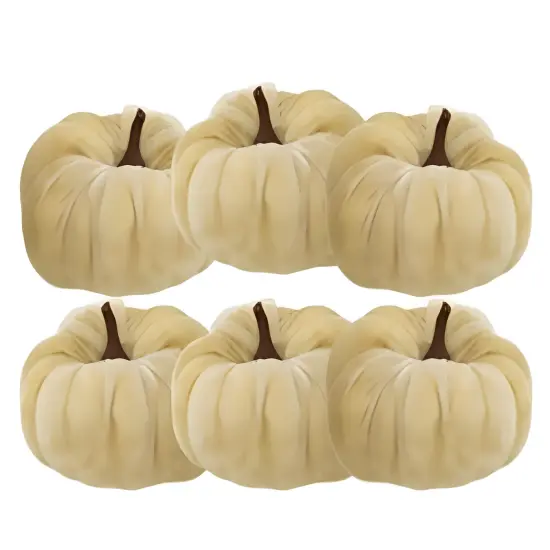 Ivory Velvet Mini Pumpkin Set of 6 with Plastic Stems, Soft Fall Decor {2}