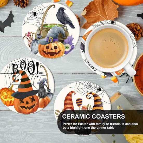 6Pcs Halloween Coasters Watercolor Ceramic Coasters Pumpkin,4.1 x 0.3 Inch {4}