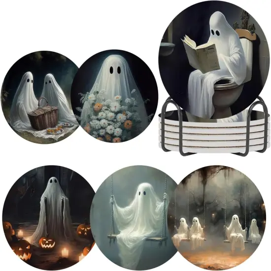 Halloween Ghost Coasters for Drinks Set of 6,Round Absorbent Ceramic {1}