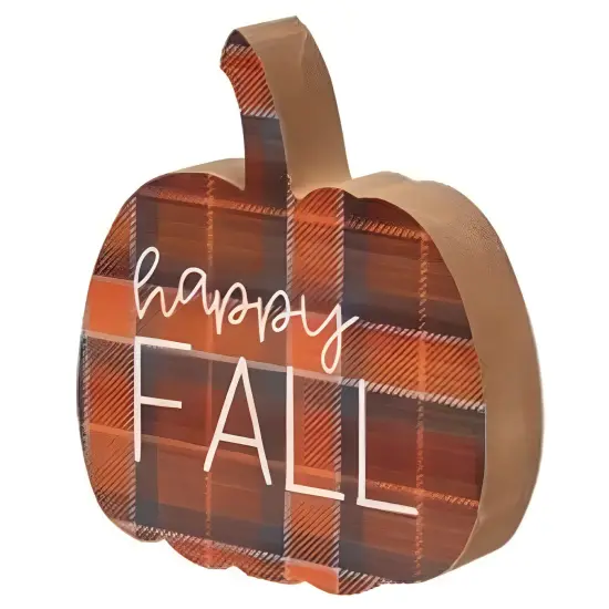Orange Wood Fall Pumpkin Figurines with Plaid Pattern and White Lettering 3 Asstd. {3}