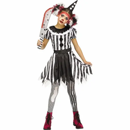 Girls Karnevil Kut-Up Clown Costume, Red Black White Blood-Splattered Halloween Dress with Collar and Hat {1}