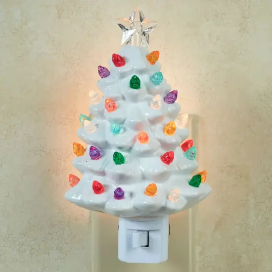 Roman Christmas Tree Nightlight, Plug In Nostalgic Ceramic Tree Night Light with Star and Colorful Illuminated Xmas Lights, White Tree {4}