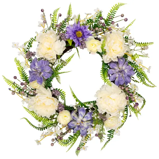Northlight Daisy and Peony with FoliageArtificial Floral Twig Wreath - Purple - 22" {3}