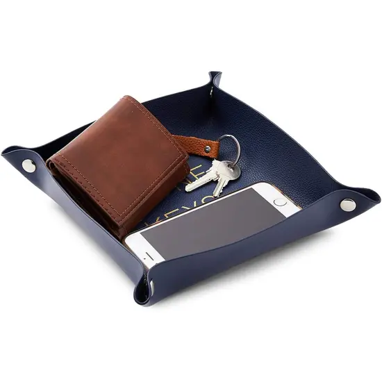 Juvale Leather Catchall Dish, Valet Tray, Phone Wallet Keys Holder, Entryway Basket for Keys, Organizer Tray for Entryway, Nightstand and Desk, Navy Blue, 6.9 x 6.9 x 2.2 in {6}