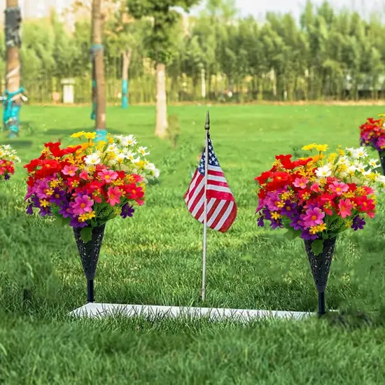Artificial Cemetery Flowers,Set of 2 Artificial Mums Bouquet Grave Memorial Flowers with 2 Cemetery Vase with Drainage Hole Long Spikes for Cemetery Headstones Graveyard Decoration {2}