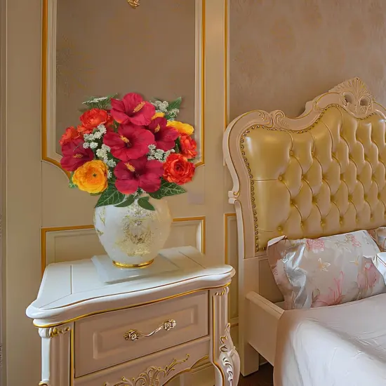 2pcs Silk Flowers with Stems- Artificial Hibiscus Mixed Fake Red Rose and Babys Breath; 24 Branches Faux Floral Sympathy Flowers for Cemetery Grave; Spring Decor for Wedding Home Centerpiece Vase {2}