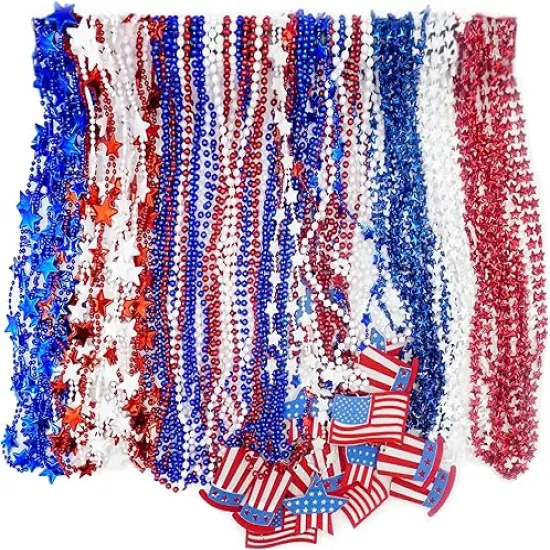 4E's Novelty Patriotic Beads &ndash; 72 Pack Red White Blue Beaded Necklaces, 4th of July Party Favors {1}