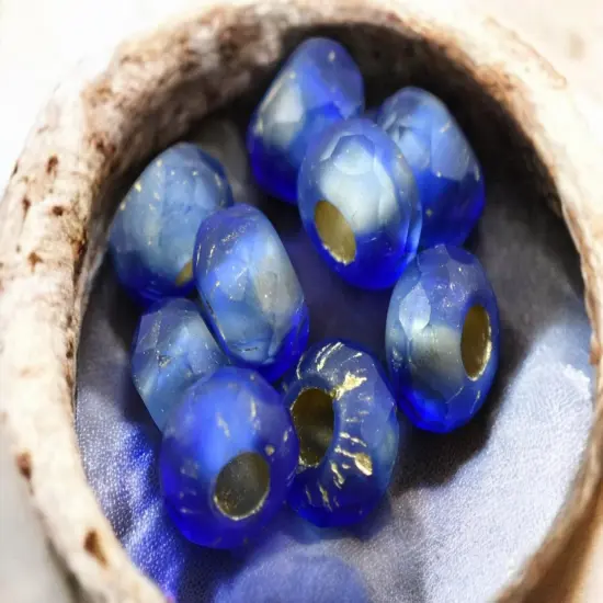 *25* 5x8mm Gold Lined Matte Sapphire Faceted Large Hole Rondelle Roller Beads {4}