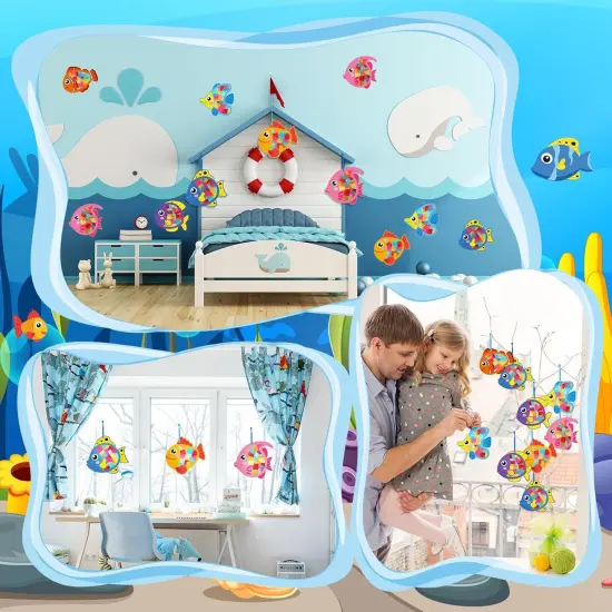 24 Pcs Under The Sea Fish Suncatcher Craft Kit Tropicial Fish Shaped Suncatcher Summer Craft Kit Window DIY Tissue Paper Decoration {5}