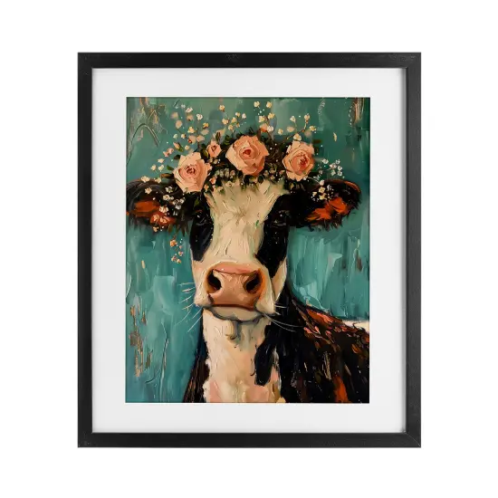 Stupell Industries Pretty Pink Flower Cow Framed Print Under Glass, design by LSR Creative Studio {1}