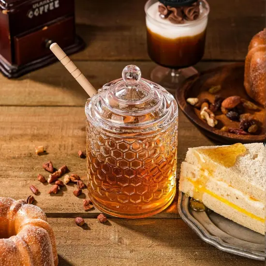 9oz Honey Pot with Dipper Small Honey Jar with Dipper Cut Honey Combs Containers Clear Glass Honey Jar with Hive Shape Lid {5}