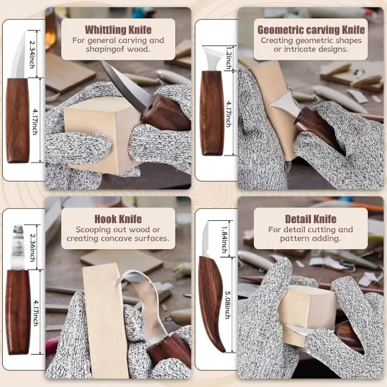 Wood Carving Kit, 4PCS Wood Carving Knives & 5PCS Detail Knives, 9 Basswood Blocks, 1 Pair Gloves, Roll Bag, Strop Block, Polishing Compound Whittling Kit Hobbies for Adults {4}