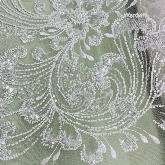 1 Yard Beaded Lace Fabric Embroidered on 100% Polyester Net Mesh, 52" Width, Premium Lace Fabrication Antique Silver {4}