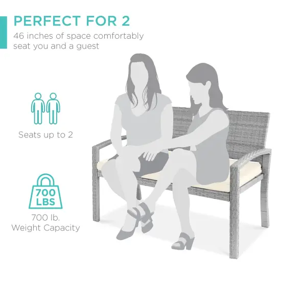 Best Choice Products 2-Person Outdoor Wicker Bench Garden Patio Porch Furniture w/ 700lb Capacity, Cushion Cream/Gray {6}