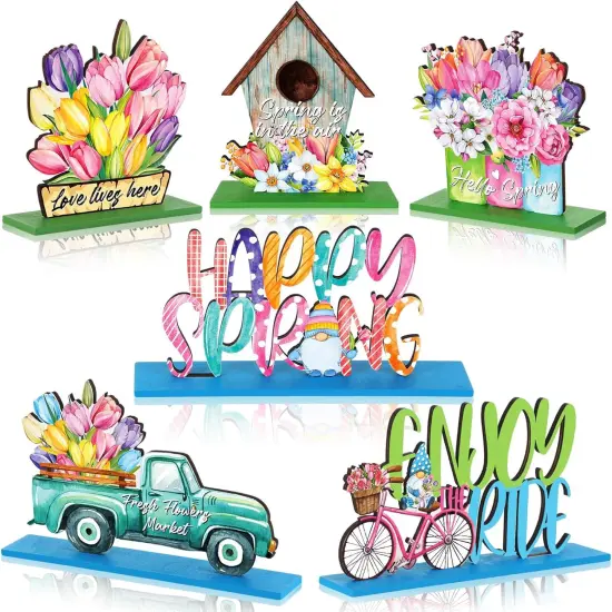 Spring Table Decorations, 6 Pcs Wooden Flower Signs, Rustic Freestanding Tabletop for Party Restaurant Decor (Spring, 4.72 inches / 12 cm) {1}
