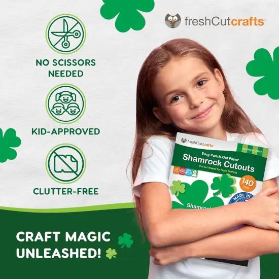 140 Piece Shamrock Cutouts Set: Pre-Cut Green Irish Clover Shapes for School Supplies, Decorating Themed Events Bulletin Board & St. Patrick's Day Decor, US Made Quality Card Stock {5}