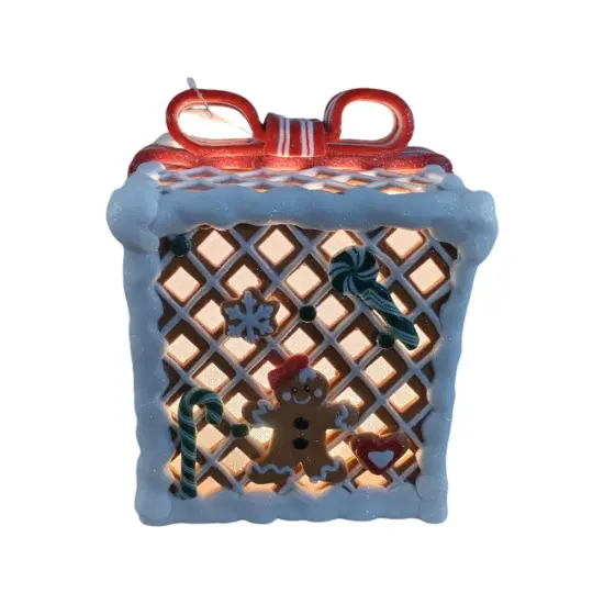 7.9" Gingerbread Candy Gift Box Christmas Decoration with Bow - Red {2}