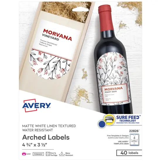Avery Water-Resistant Arched Labels, Sure Feed, Print to the Edge, Textured Matte, 3-1/2" x 4-3/4", 40 Labels (22826) {1}