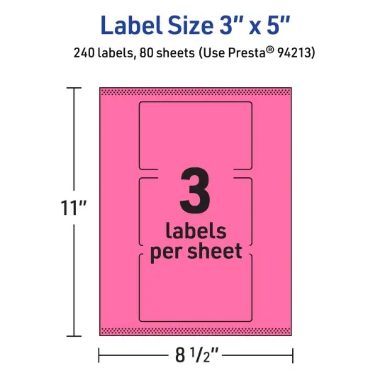 Avery Bright Pink Paper Labels, 3" x 5" Rectangle {5}