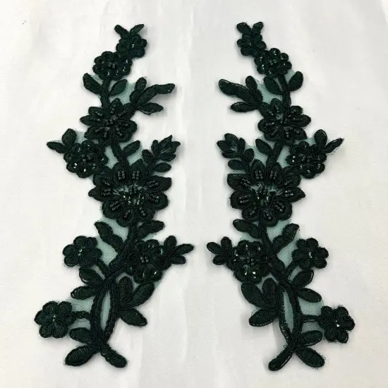 1 Pair Beaded & Corded Floral Lace Applique 10" x 2" Each Side Hunter Green {1}